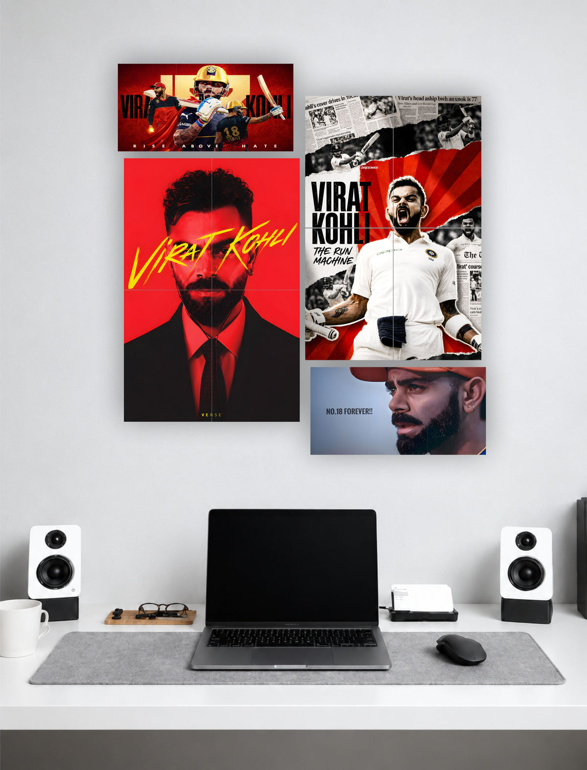 A set of four custom sports wall art prints featuring Virat Kohli, styled on a light gray wall above a modern desk setup with a laptop, speakers, and mouse.