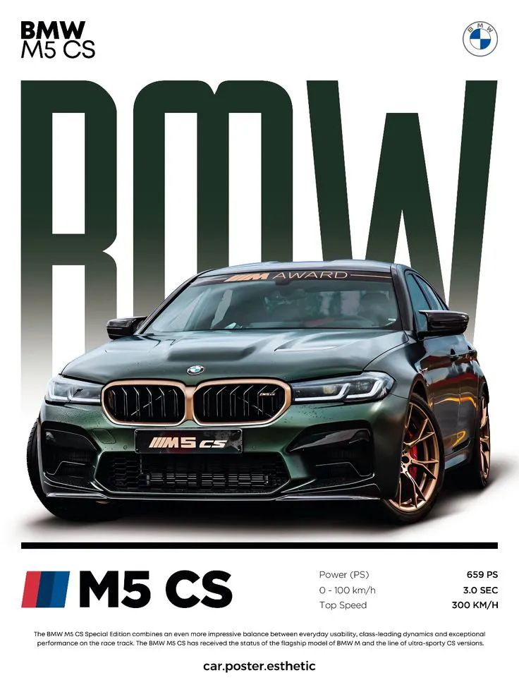 Framed poster of a BMW M5 CS on a wall with other decor items.