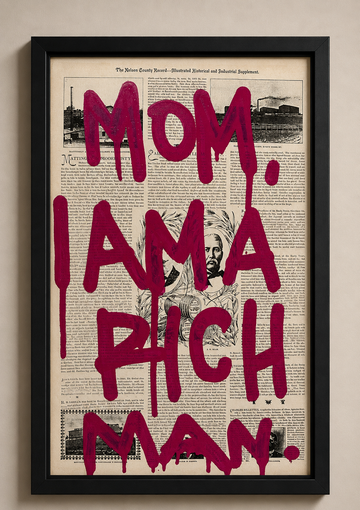 Framed artwork with bold red text on a newspaper background
