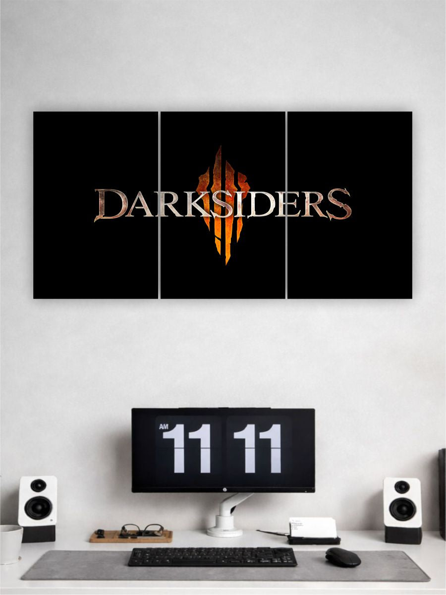 Darksiders logo on a wall above a computer setup with a digital clock.