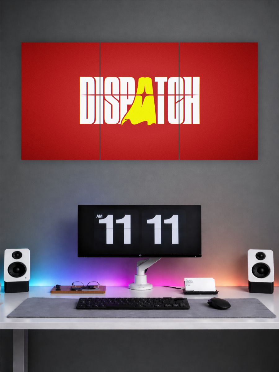Wall-mounted display with 'Dispatch' logo on a red background above a desk setup.