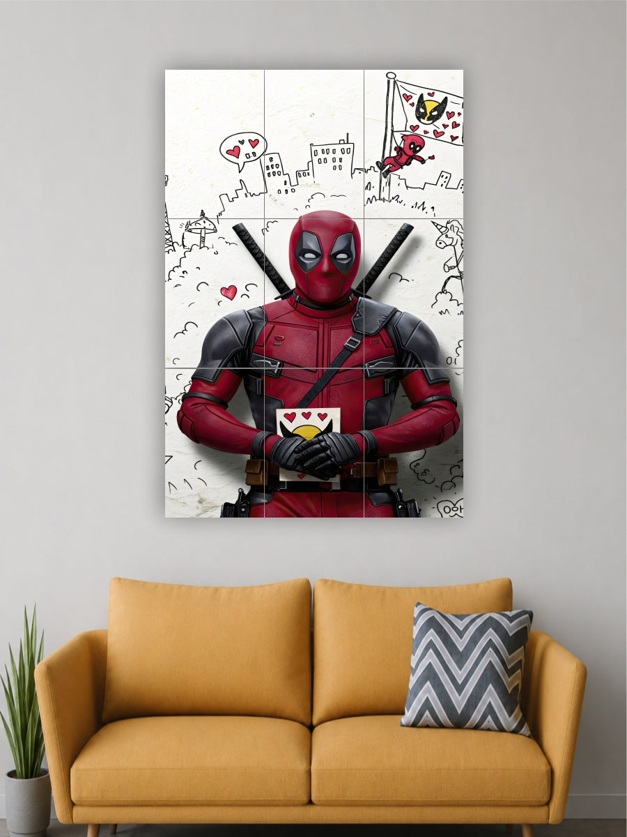 Wall art of a superhero in a red and black costume on a gray wall above a yellow couch.