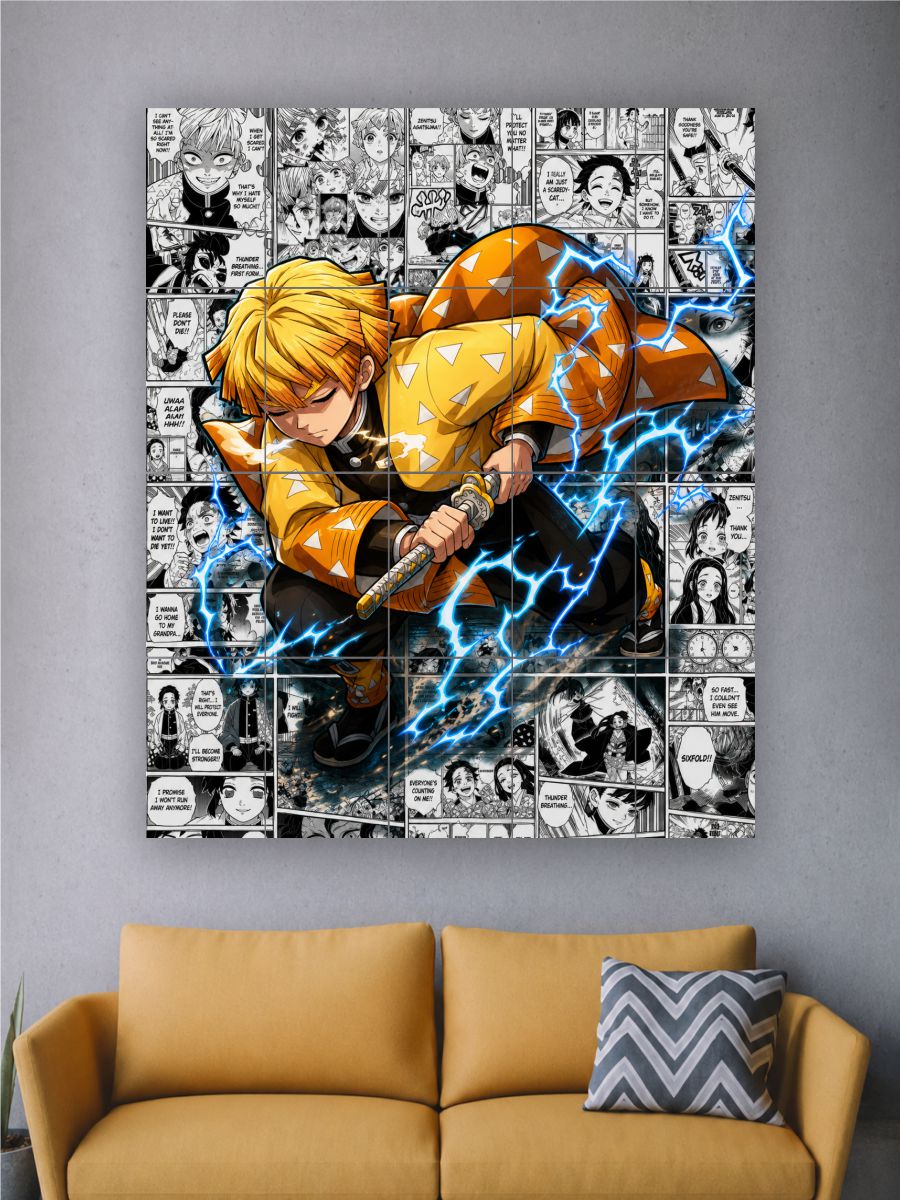 Comic-style character poster on a gray wall above a brown sofa.