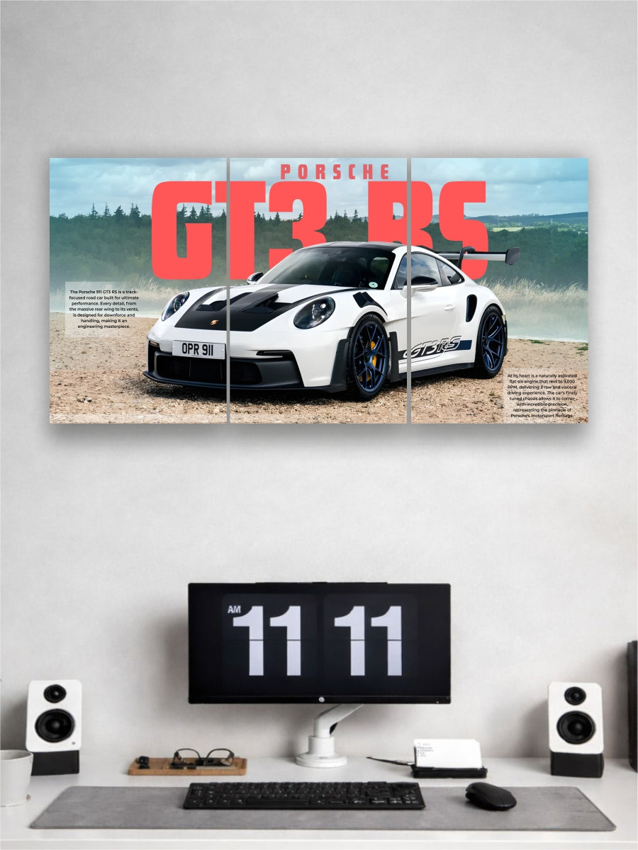 Desk setup with Porsche GT3 RS poster on a wall