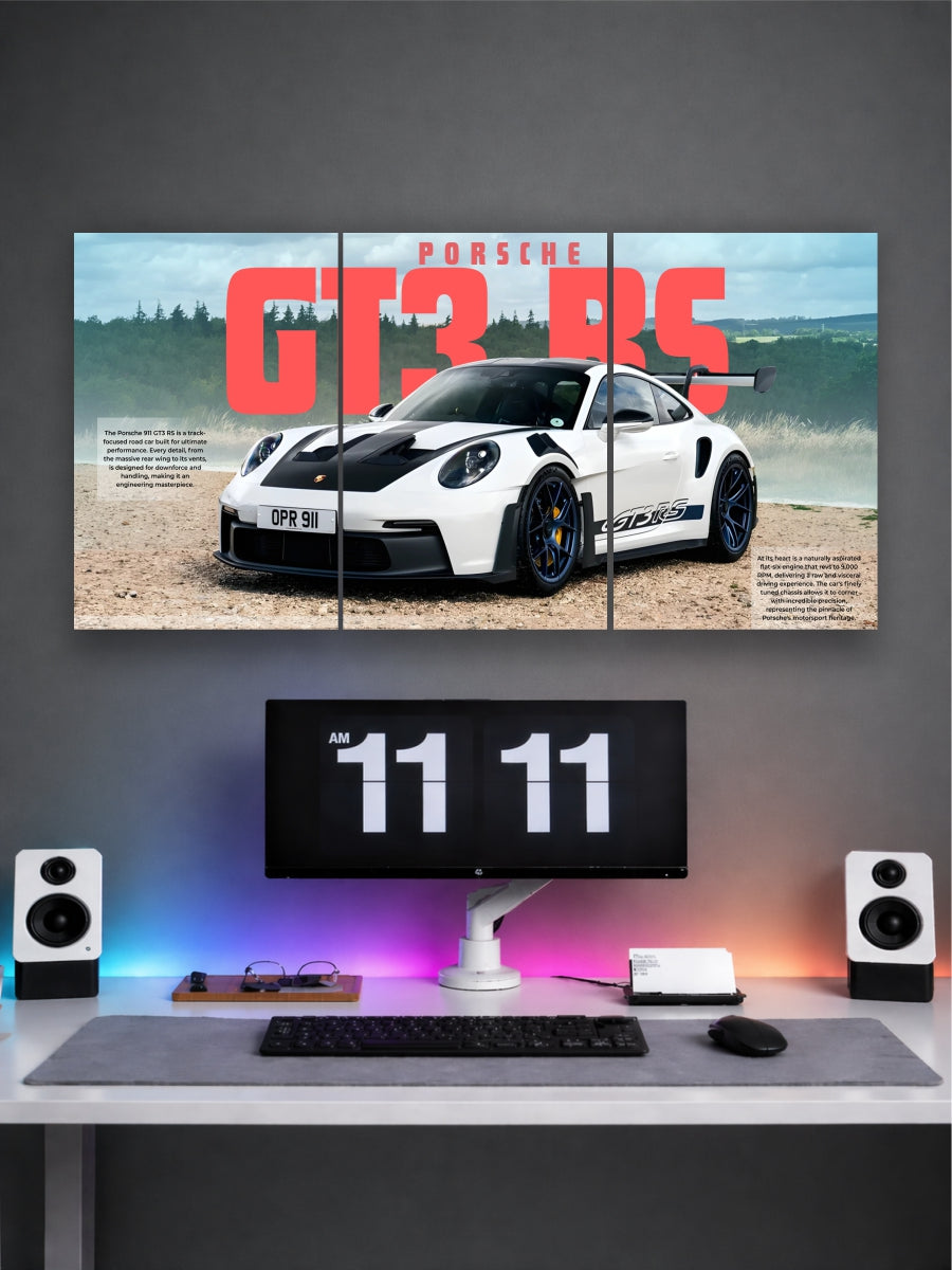 Desk setup with Porsche GT3 RS poster on a wall
