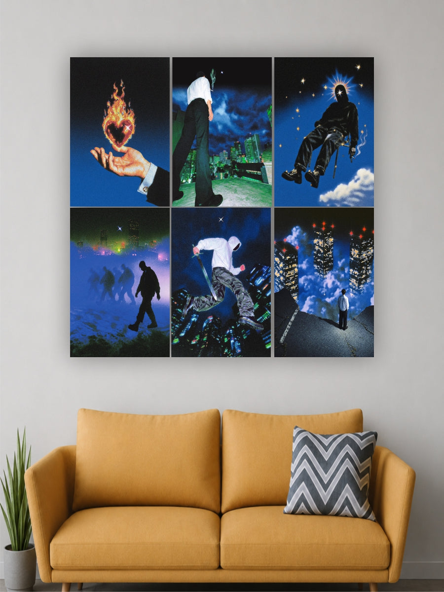 Multiframe artwork on a wall above a yellow couch with a plant and pillow.