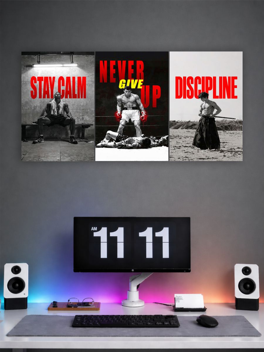 Gym Motivation Poster Set – Stay Calm, Never Give Up & Discipline