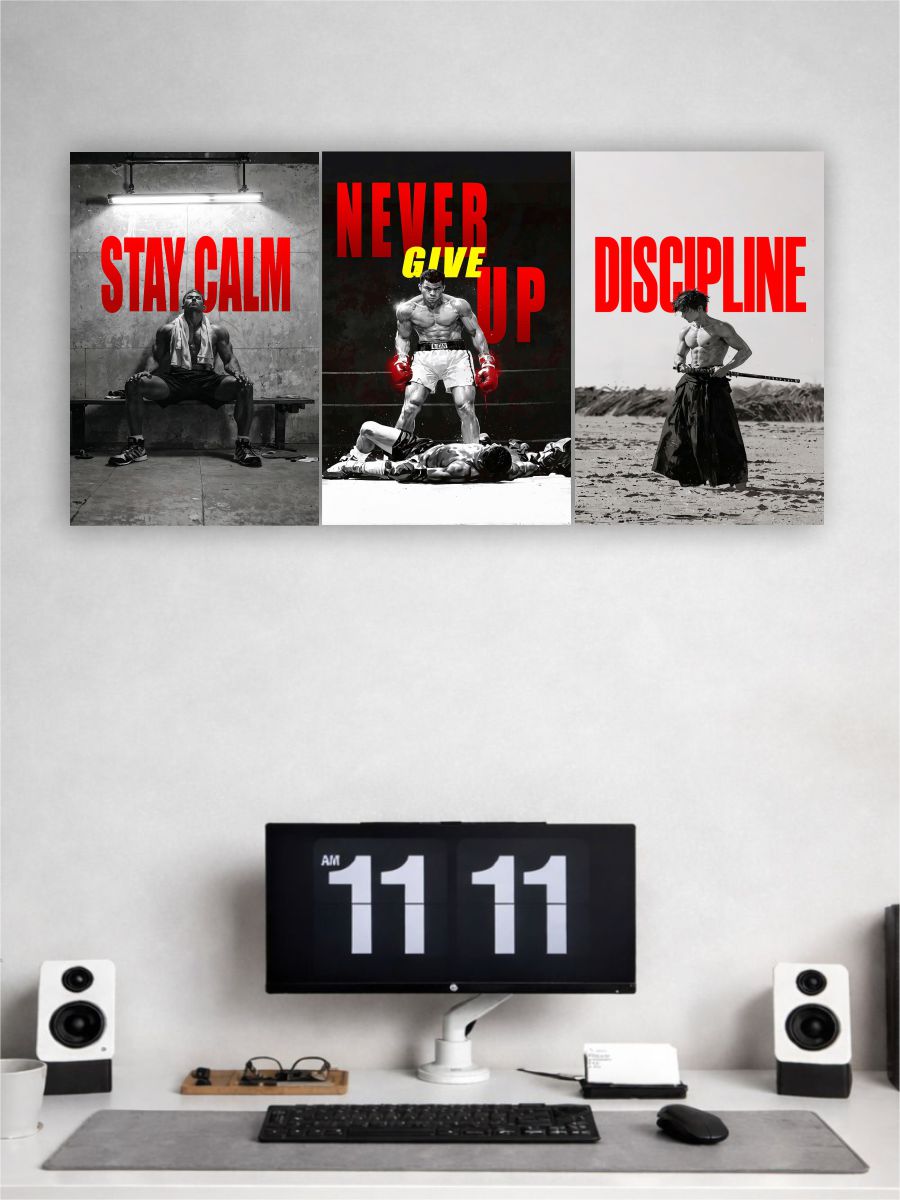 Gym Motivation Poster Set – Stay Calm, Never Give Up & Discipline