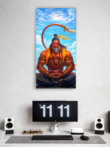 Wall art of a warrior figure with a sky background above a computer setup.