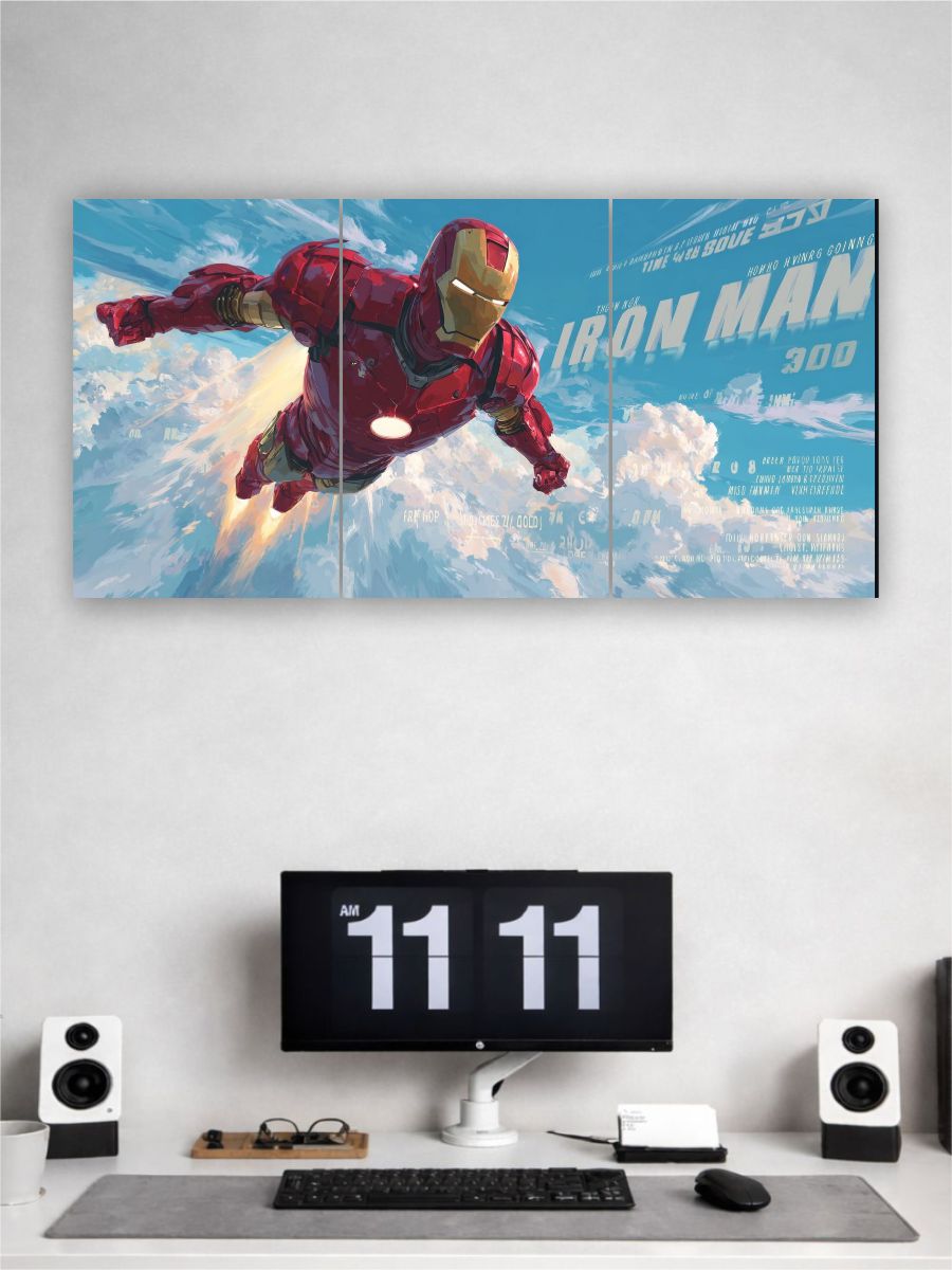 Iron Man artwork on a wall above a desk with a computer setup.