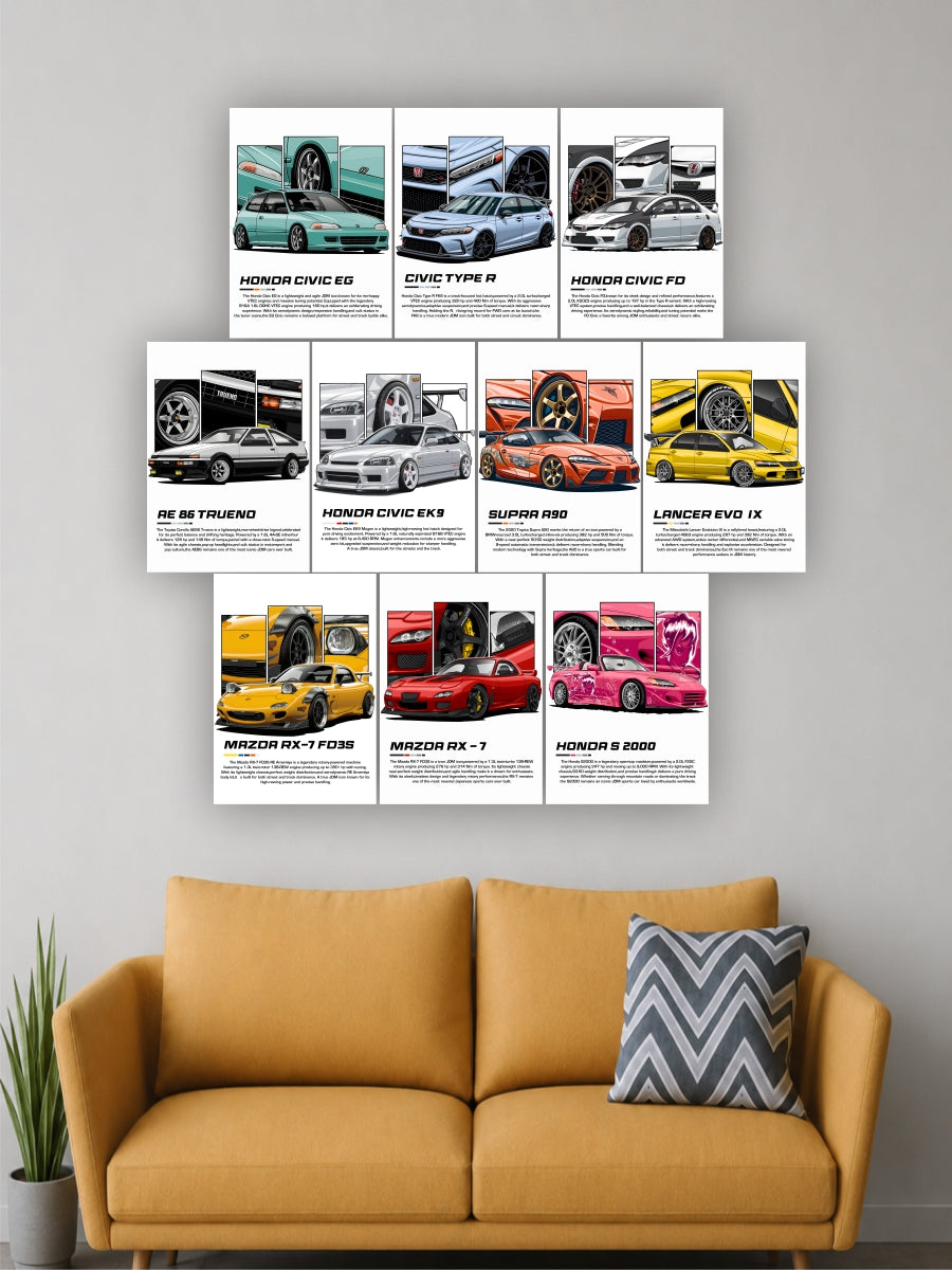 Yellow couch with a gray pillow against a wall displaying car posters.