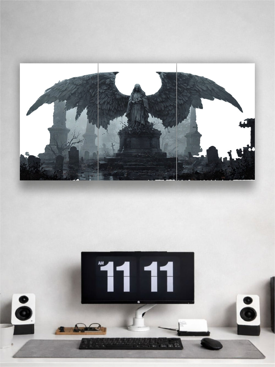Large wall art of a dark angel statue in a cemetery on a white wall above a desk with a computer setup.