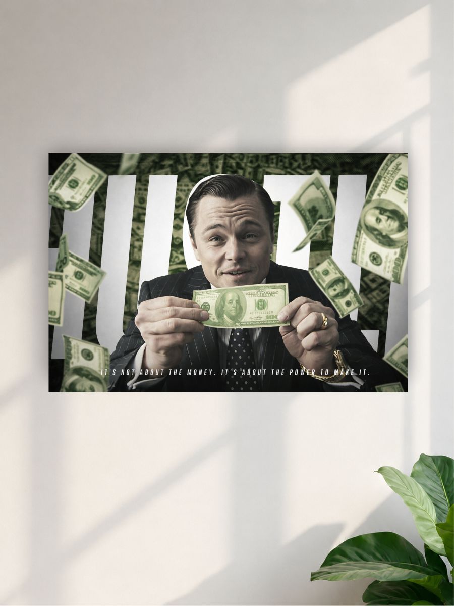 Man holding a dollar bill with money floating around, framed by a white wall.