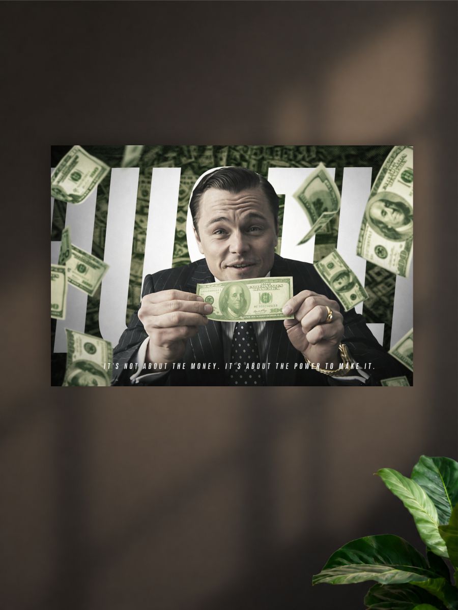 Man holding a dollar bill with money floating around, framed by a white wall.