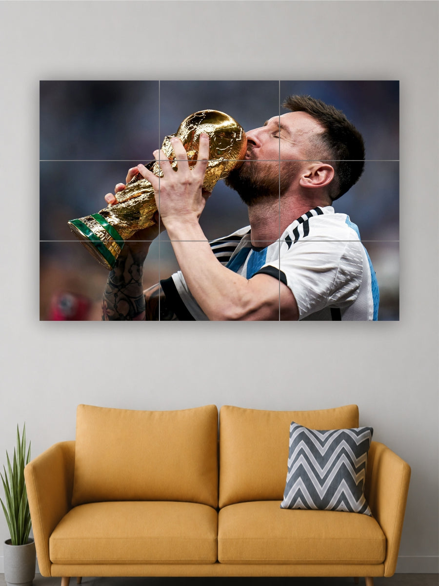 Large wall art of a soccer player kissing a trophy in a modern office setting.