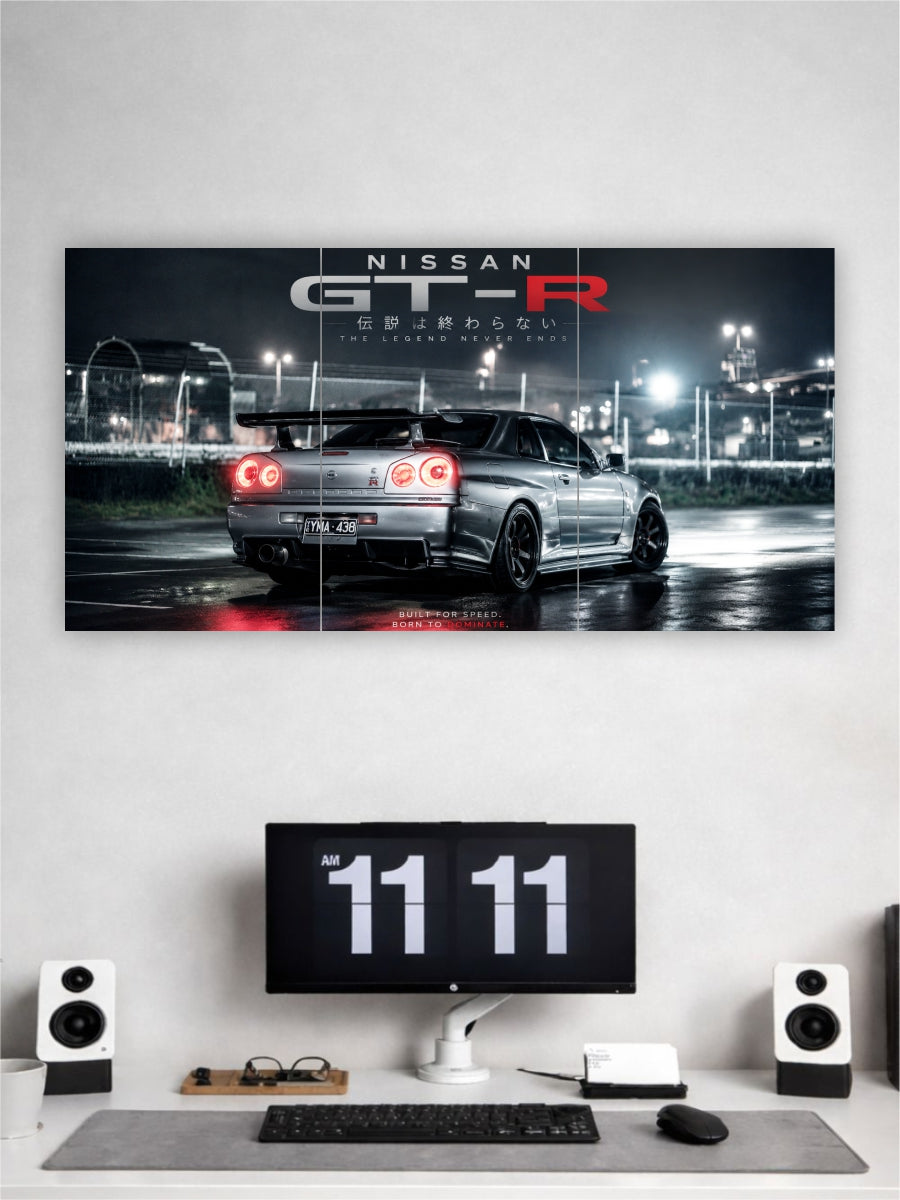 Nissan GT-R poster on a wall above a desk with a computer setup.