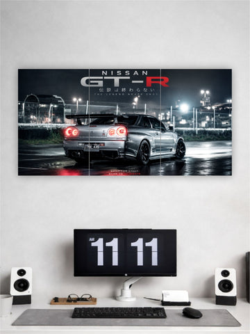 Nissan GT-R poster on a wall above a desk with a computer setup.