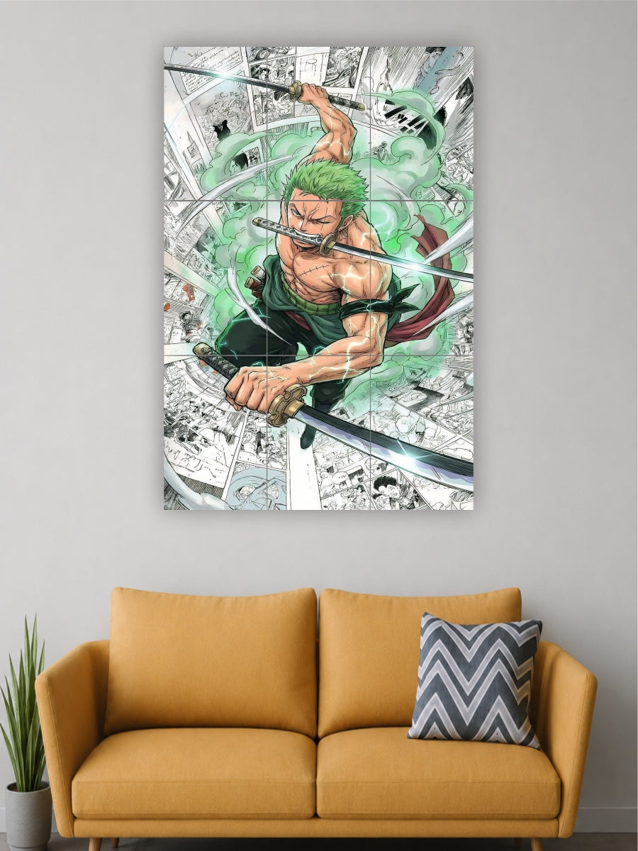 Large anime-style wall art of a character with green hair and a sword on a gray wall above a yellow couch.