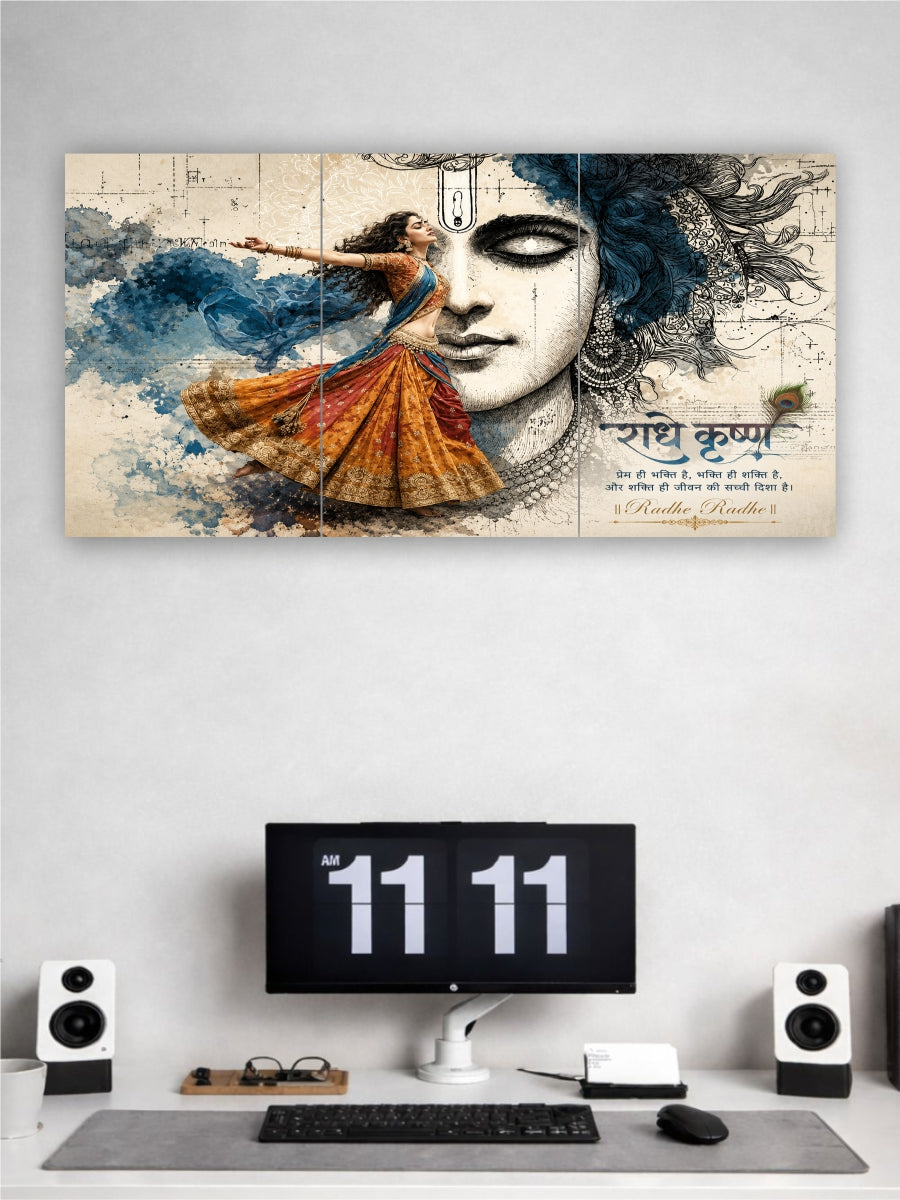 Decorative wall art with a woman's face and swirling designs above a computer setup on a desk.