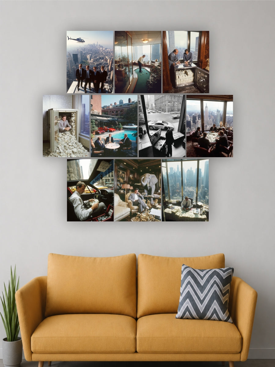 Collage of photos on a wall above a yellow couch with a plant and pillow.