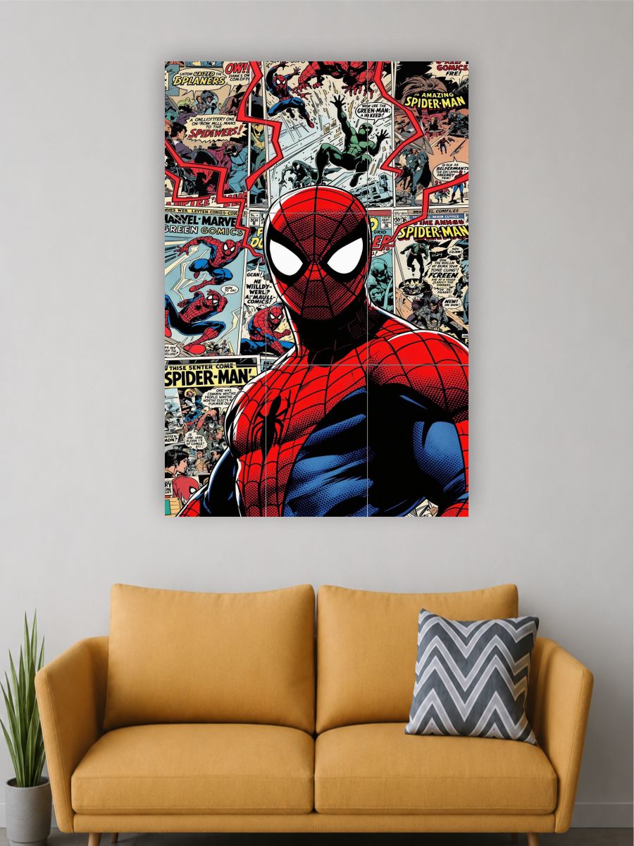 Spider-Man comic book collage on a wall above a yellow couch with a gray pillow.