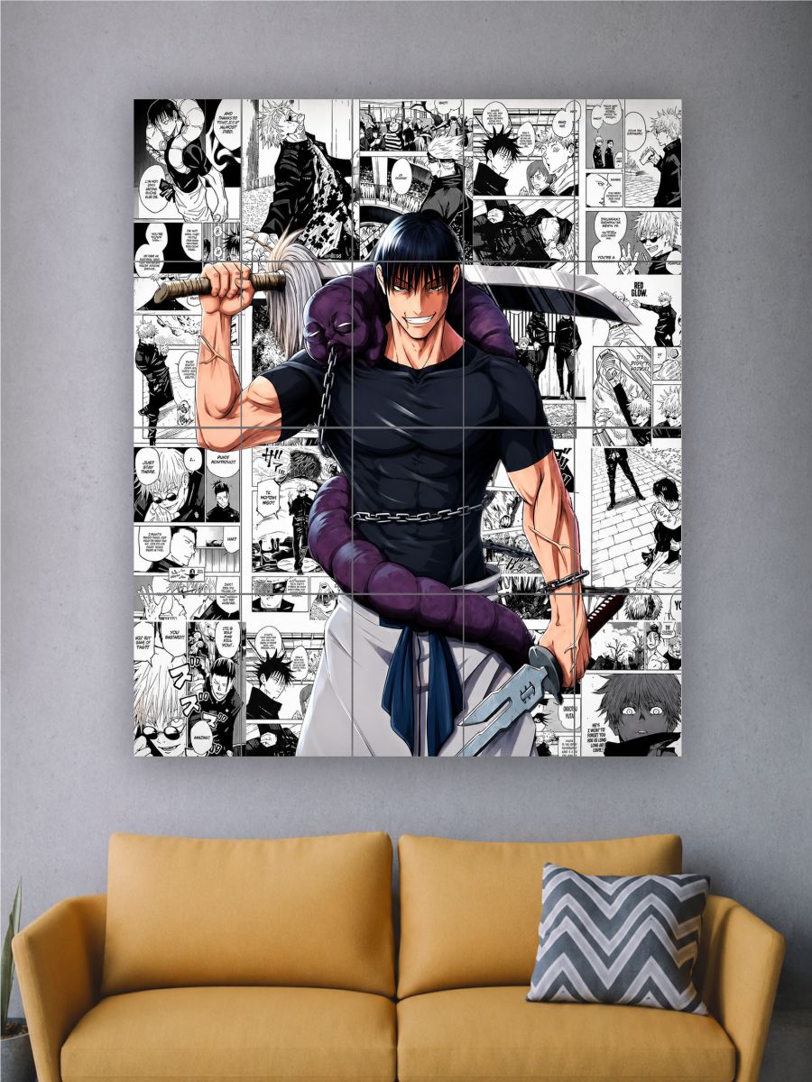Comic-style artwork of a character with a sword on a wall above a yellow couch.