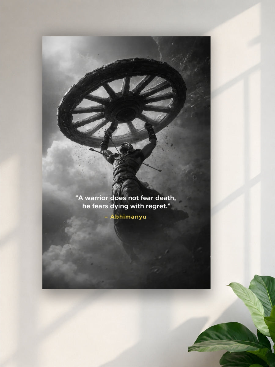 Poster of a warrior holding up a wheel with a motivational quote on a wall.