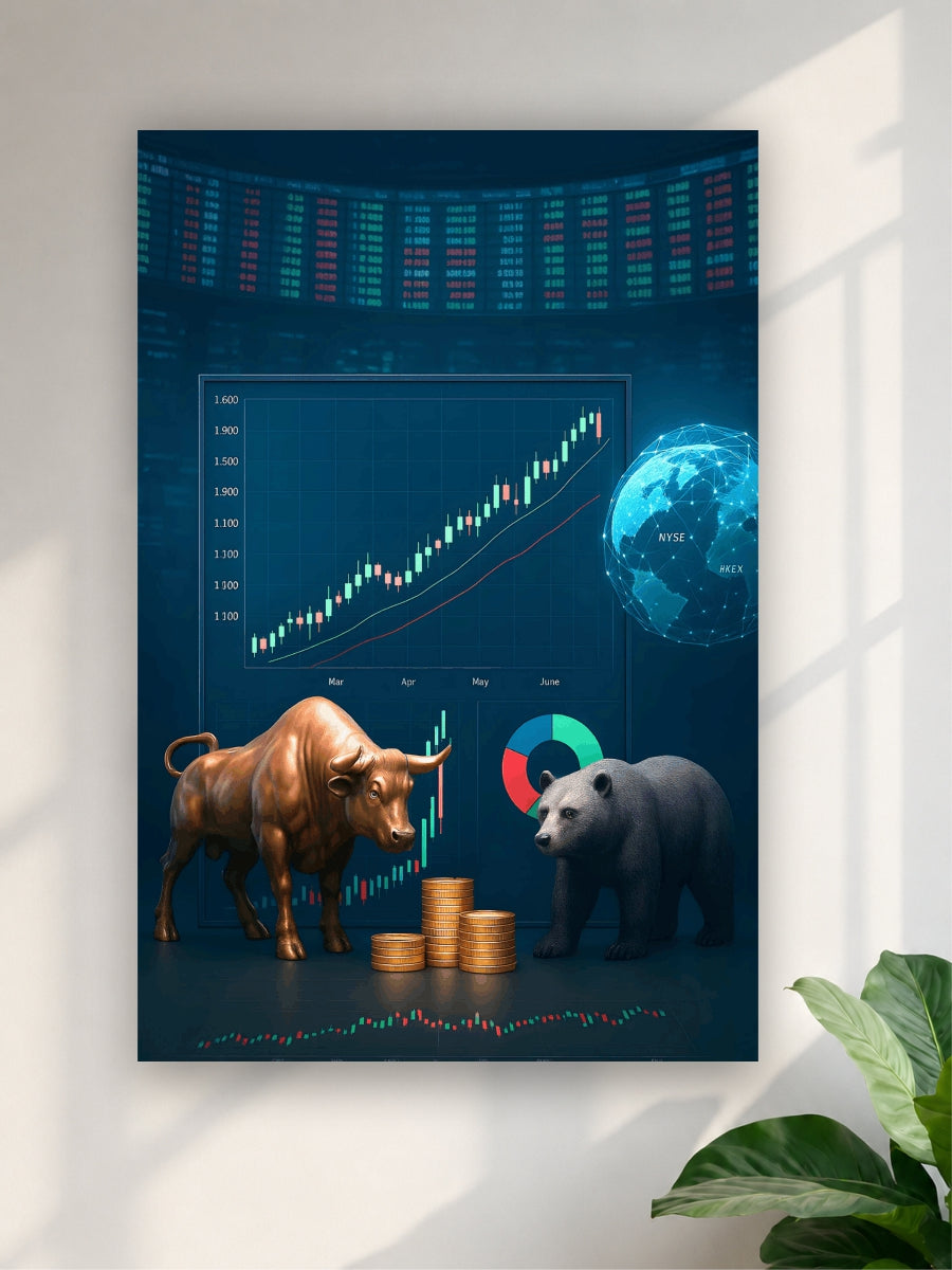 Unframed poster with a bull and bear statue, stock market graph, and world map on a blue background.