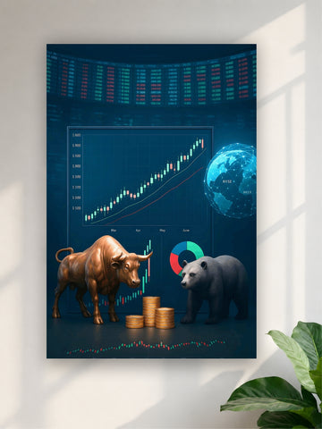 Unframed poster with a bull and bear statue, stock market graph, and world map on a blue background.
