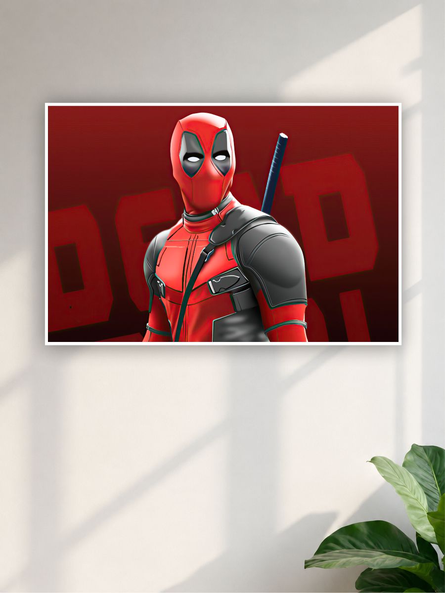 Framed poster of a character in a red and black suit with 'Deadpool' text on a red background.