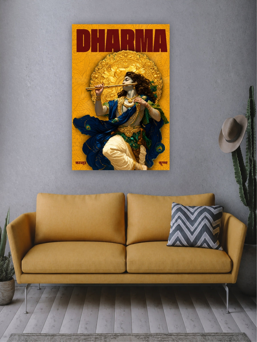 Poster of a figure holding a flute with 'Dharma' text above a yellow couch in a living room.