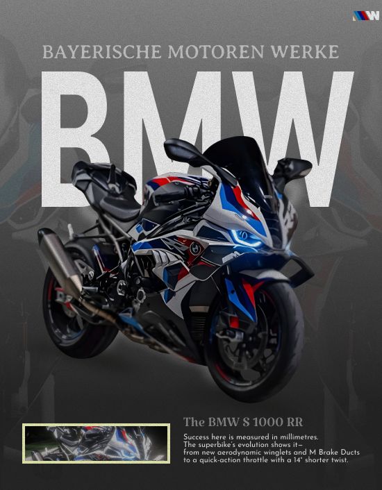 Framed poster of a BMW motorcycle on a wall with other decor items.