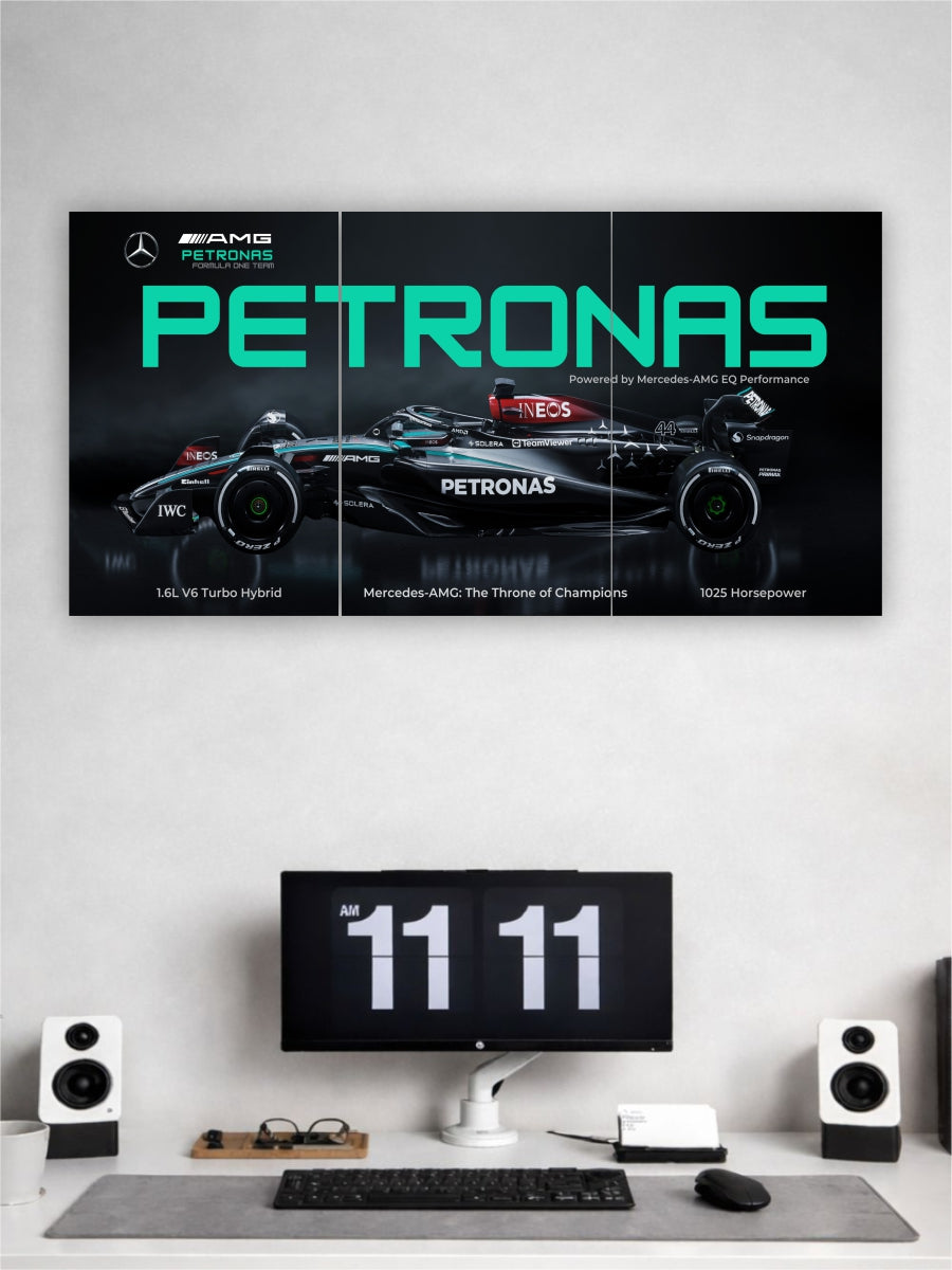 Wall art featuring a Formula 1 car with Petronas branding above a computer setup.