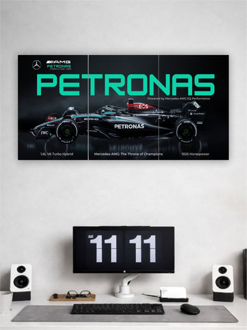 Wall art featuring a Formula 1 car with Petronas branding above a computer setup.