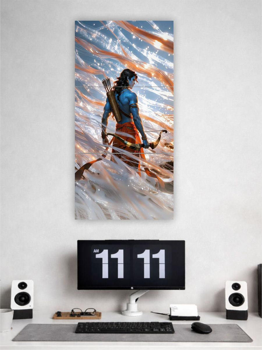 Wall art of a warrior on a white wall above a desk with a computer setup.