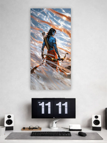 Wall art of a warrior on a white wall above a desk with a computer setup.
