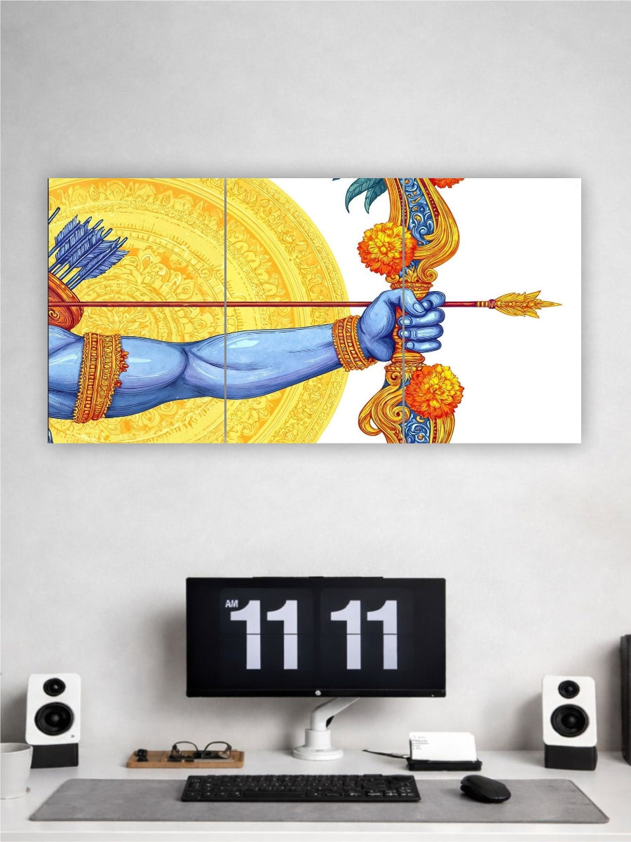 Decorative wall art of a hand holding a bow and arrow on a white wall above a desk with a computer setup.