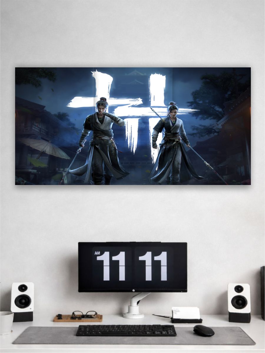 Computer setup with a large monitor displaying a game and a smaller monitor showing the time.